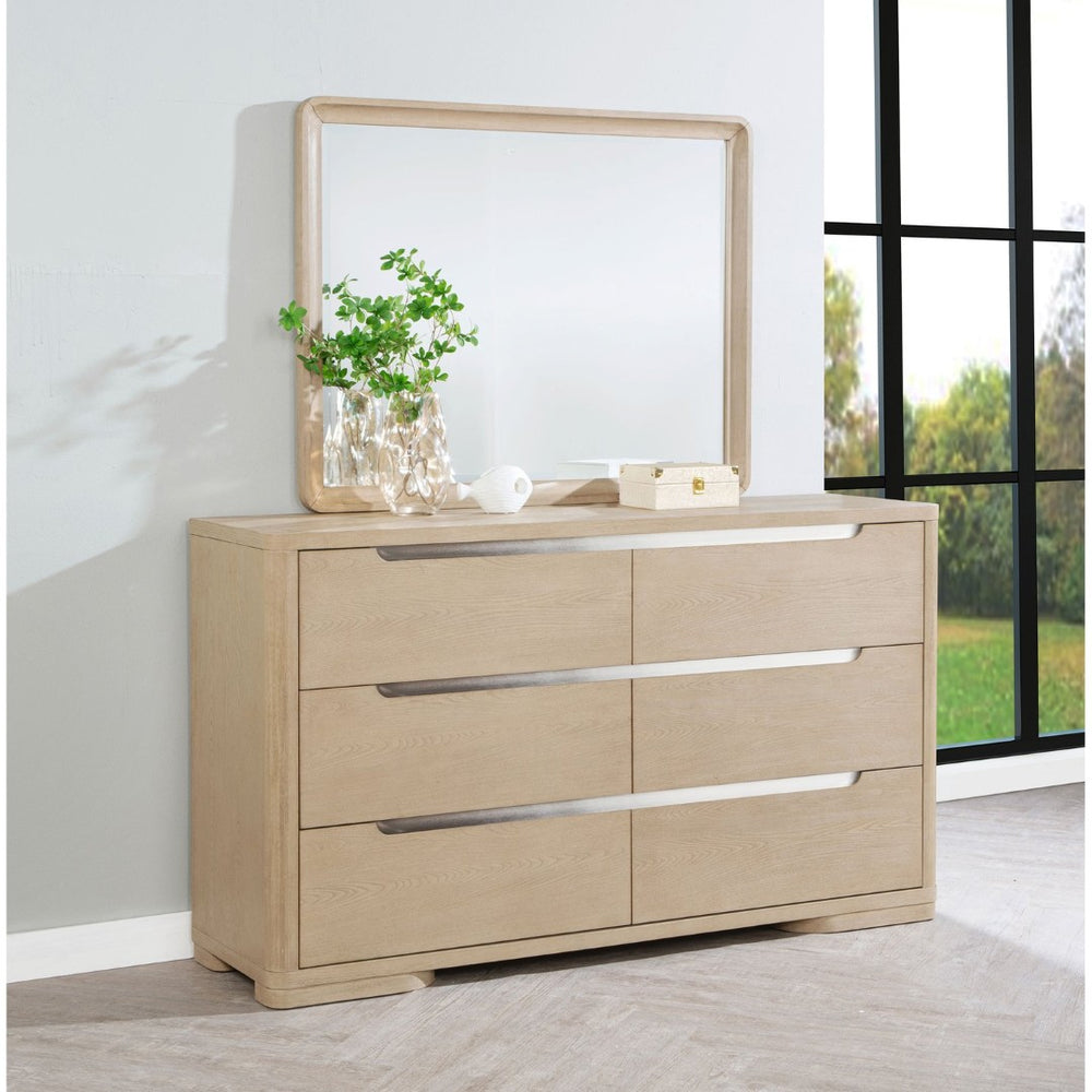 English Elm Mirador Six Drawer Dresser with Mirror Light Elm Veneer Brushed Nickel Modern Bedroom B062S02153