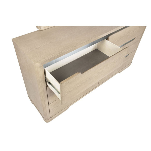 English Elm Mirador Six Drawer Dresser with Mirror Light Elm Veneer Brushed Nickel Modern Bedroom B062S02153