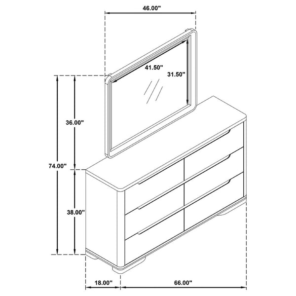 English Elm Mirador Six Drawer Dresser with Mirror Light Elm Veneer Brushed Nickel Modern Bedroom B062S02153