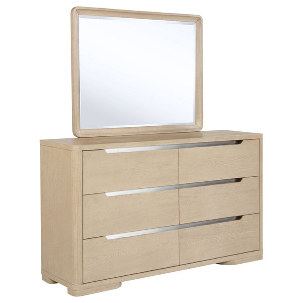 English Elm Mirador Six Drawer Dresser with Mirror Light Elm Veneer Brushed Nickel Modern Bedroom B062S02153