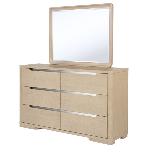 English Elm Mirador Six Drawer Dresser with Mirror Light Elm Veneer Brushed Nickel Modern Bedroom B062S02153