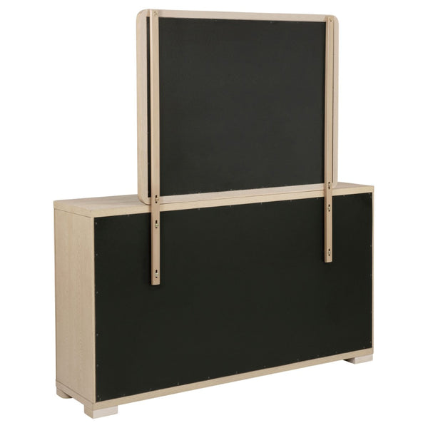 English Elm Mirador Six Drawer Dresser with Mirror Light Elm Veneer Brushed Nickel Modern Bedroom B062S02153
