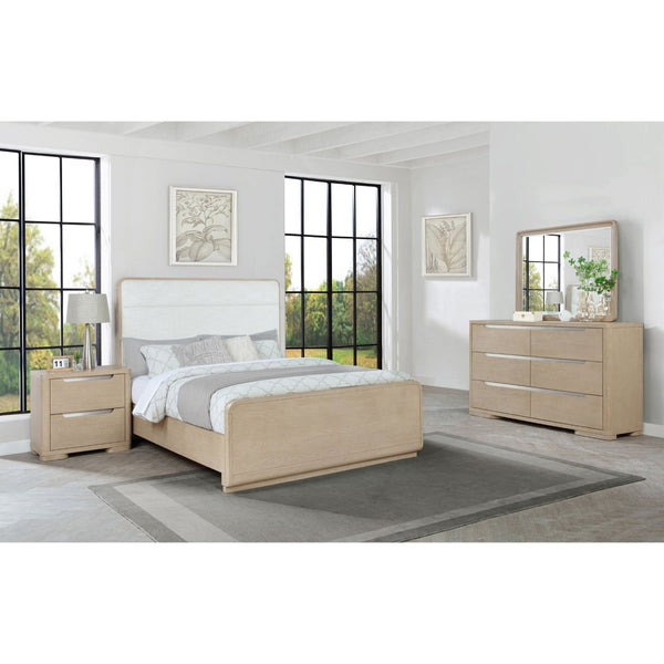English Elm Mirador Queen Bedroom Set with Boucle Headboard Elm Finish and Brushed Nickel Pulls B062S02154