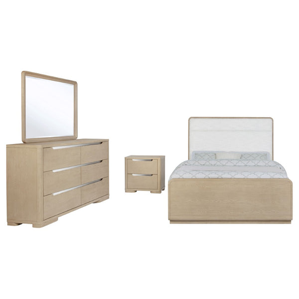 English Elm Mirador Queen Bedroom Set with Boucle Headboard Elm Finish and Brushed Nickel Pulls B062S02154