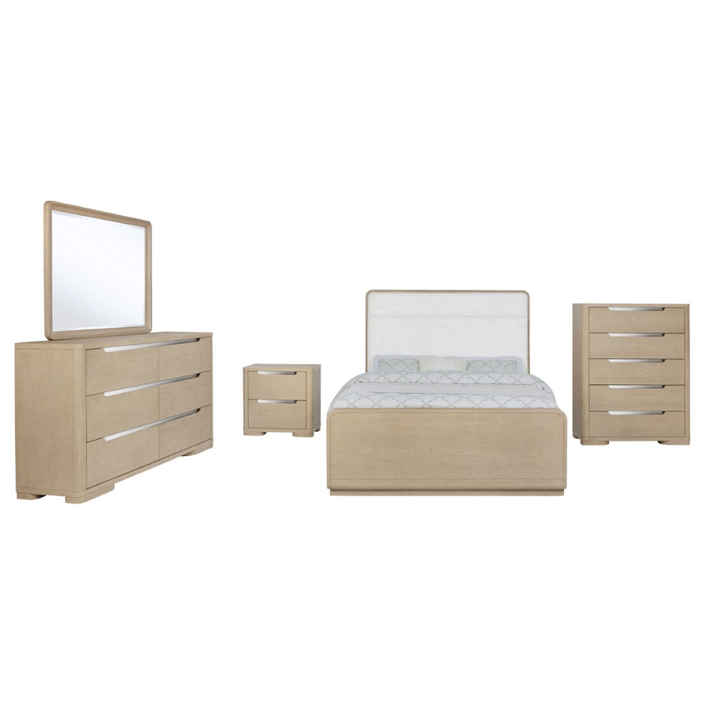 English Elm Mirador Queen Bedroom Set Five Piece Elm Veneer with Cream Upholstered Headboard B062S02155
