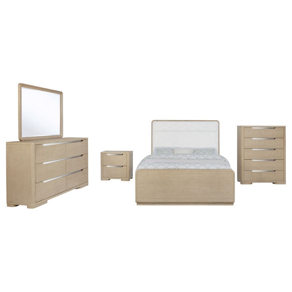 English Elm Mirador Queen Bedroom Set Five Piece Elm Veneer with Cream Upholstered Headboard B062S02155