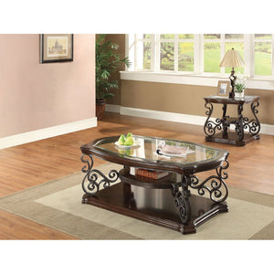 English Elm Arrize Traditional Glass Top Coffee and End Table Set with Ornate Scrollwork Legs B062S02156