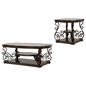English Elm Arrize Traditional Glass Top Coffee and End Table Set with Ornate Scrollwork Legs B062S02156