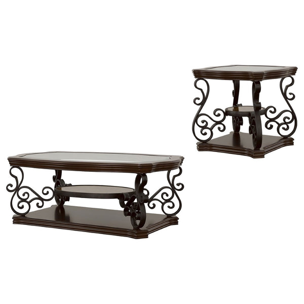 English Elm Arrize Traditional Glass Top Coffee and End Table Set with Ornate Scrollwork Legs B062S02156