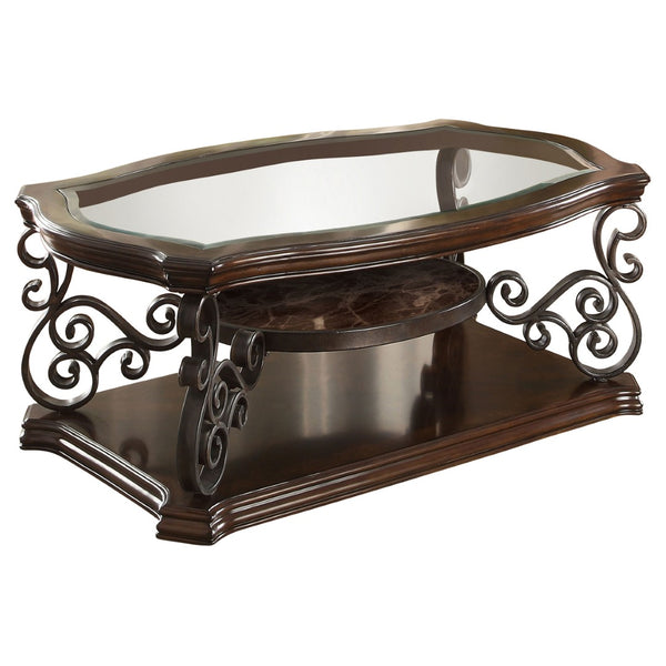 English Elm Arrize Traditional Glass Top Coffee and End Table Set with Ornate Scrollwork Legs B062S02156