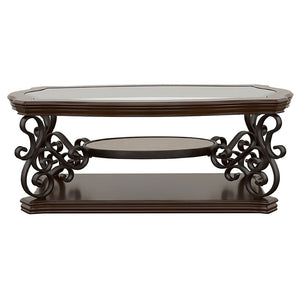 English Elm Arrize Traditional Glass Top Coffee and End Table Set with Ornate Scrollwork Legs B062S02156