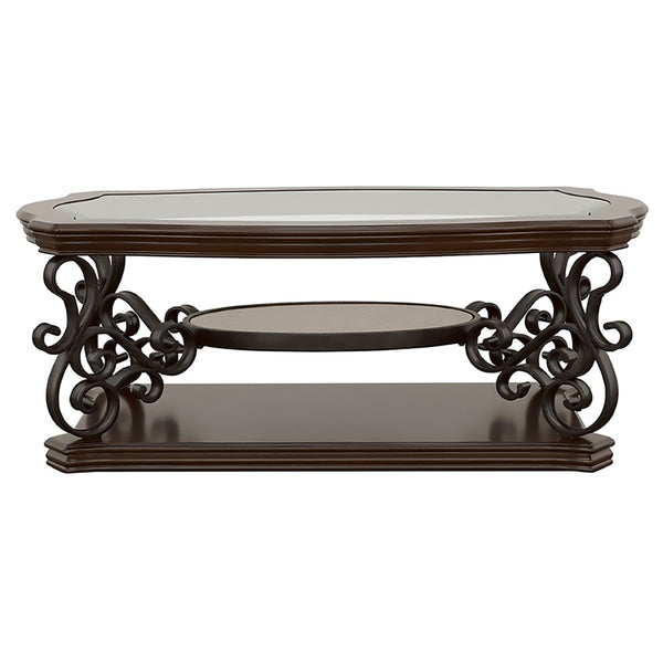 English Elm Arrize Traditional Glass Top Coffee and End Table Set with Ornate Scrollwork Legs B062S02156
