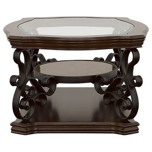 English Elm Arrize Traditional Glass Top Coffee and End Table Set with Ornate Scrollwork Legs B062S02156