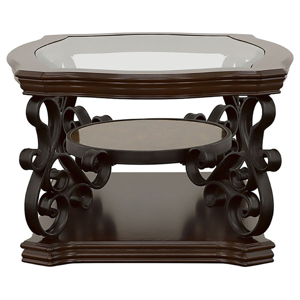 English Elm Arrize Traditional Glass Top Coffee and End Table Set with Ornate Scrollwork Legs B062S02156