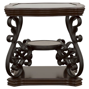 English Elm Arrize Traditional Glass Top Coffee and End Table Set with Ornate Scrollwork Legs B062S02156