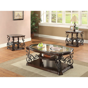 English Elm Arrize Ornate Scroll Leg Glass Top 3 Piece Living Room Table Set in Merlot B062S02157