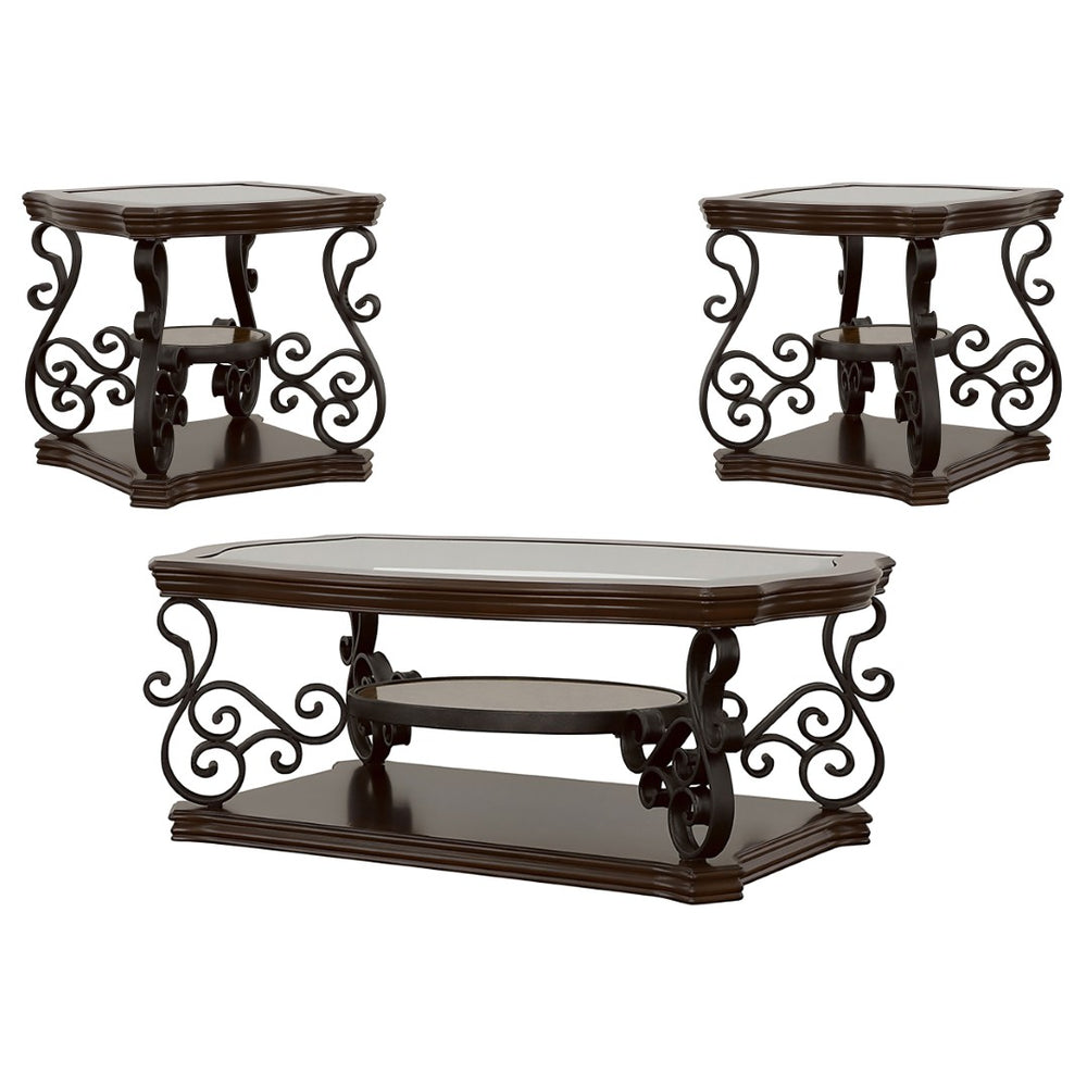 English Elm Arrize Ornate Scroll Leg Glass Top 3 Piece Living Room Table Set in Merlot B062S02157