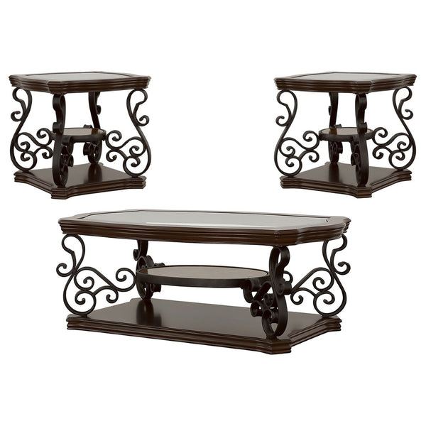 English Elm Arrize Ornate Scroll Leg Glass Top 3 Piece Living Room Table Set in Merlot B062S02157