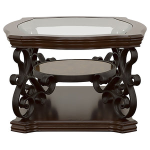 English Elm Arrize Ornate Scroll Leg Glass Top 3 Piece Living Room Table Set in Merlot B062S02157
