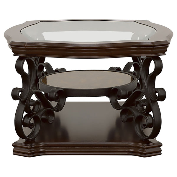English Elm Arrize Ornate Scroll Leg Glass Top 3 Piece Living Room Table Set in Merlot B062S02157