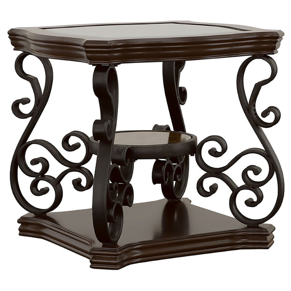 English Elm Arrize Ornate Scroll Leg Glass Top 3 Piece Living Room Table Set in Merlot B062S02157