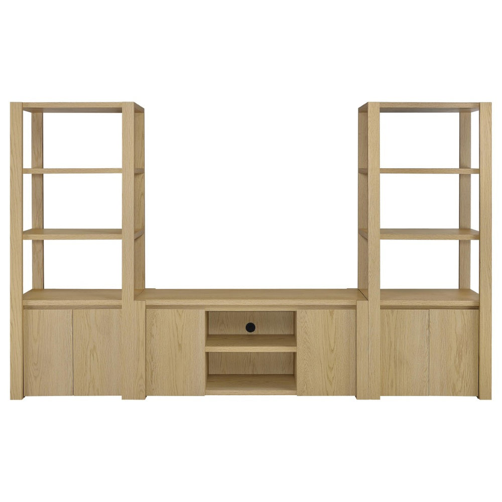 English Elm Susac Three Piece Wall Spanning Entertainment Center with Oak Finish Media Towers B062S02158