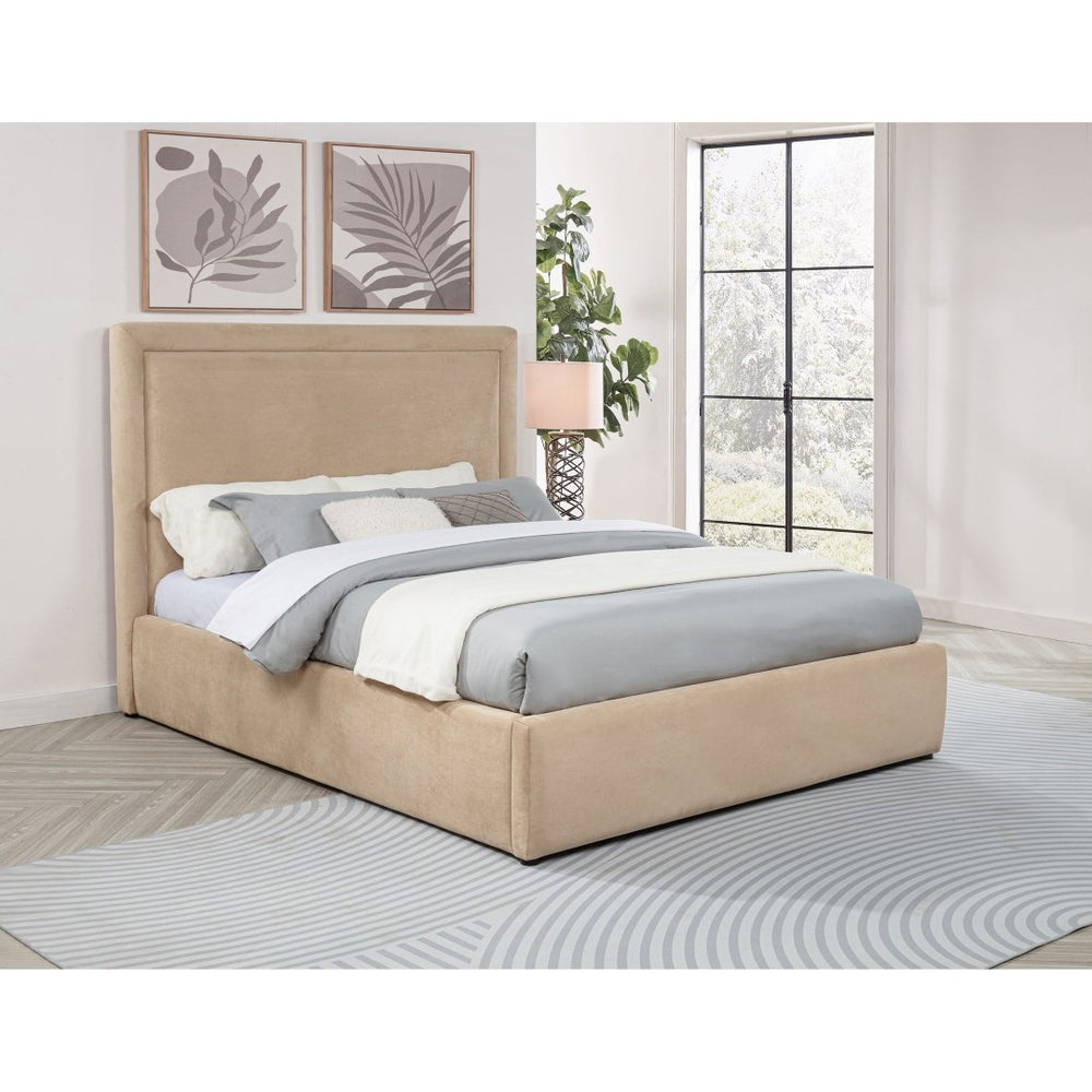 English Elm Brandon Queen Platform Bed Tall Upholstered Headboard Neutral Fabric Modern Frame B062S02161