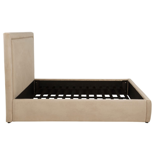 English Elm Brandon Queen Platform Bed Tall Upholstered Headboard Neutral Fabric Modern Frame B062S02161