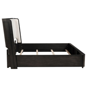 English Elm Bangor Eastern King Wingback Bed Tufted Cream Upholstery and Burnished Black Frame B062S02166