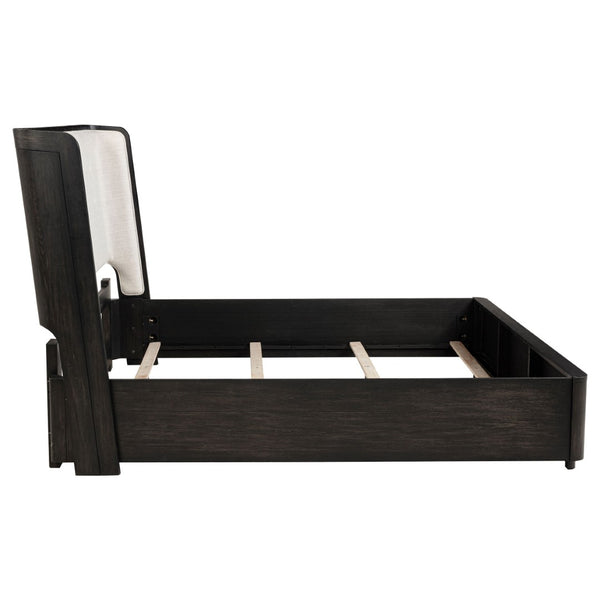 English Elm Bangor Eastern King Wingback Bed Tufted Cream Upholstery and Burnished Black Frame B062S02166