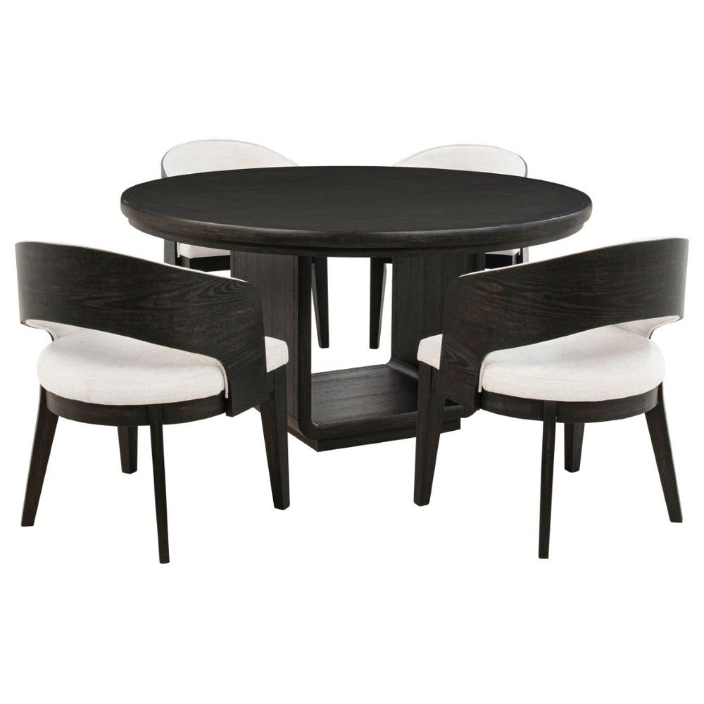 English Elm Bangor Five Piece Round Pedestal Dining Set with Barrel Back Arm Chairs in Cream B062S02172