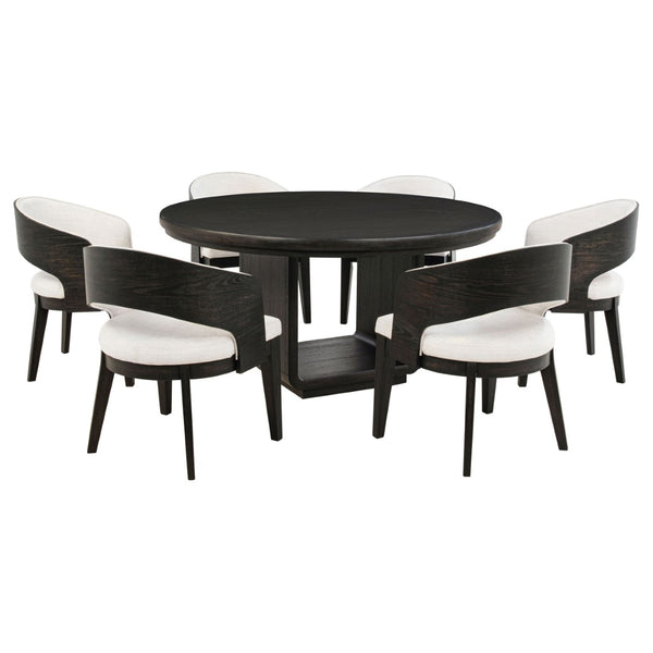 English Elm Bangor Seven Piece Round Dining Set with Pedestal Base and Barrel Back Arm Chairs B062S02173