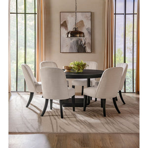 English Elm Bangor Round Pedestal Dining Set Seats Six with Channel Upholstered Cream Chairs B062S02175