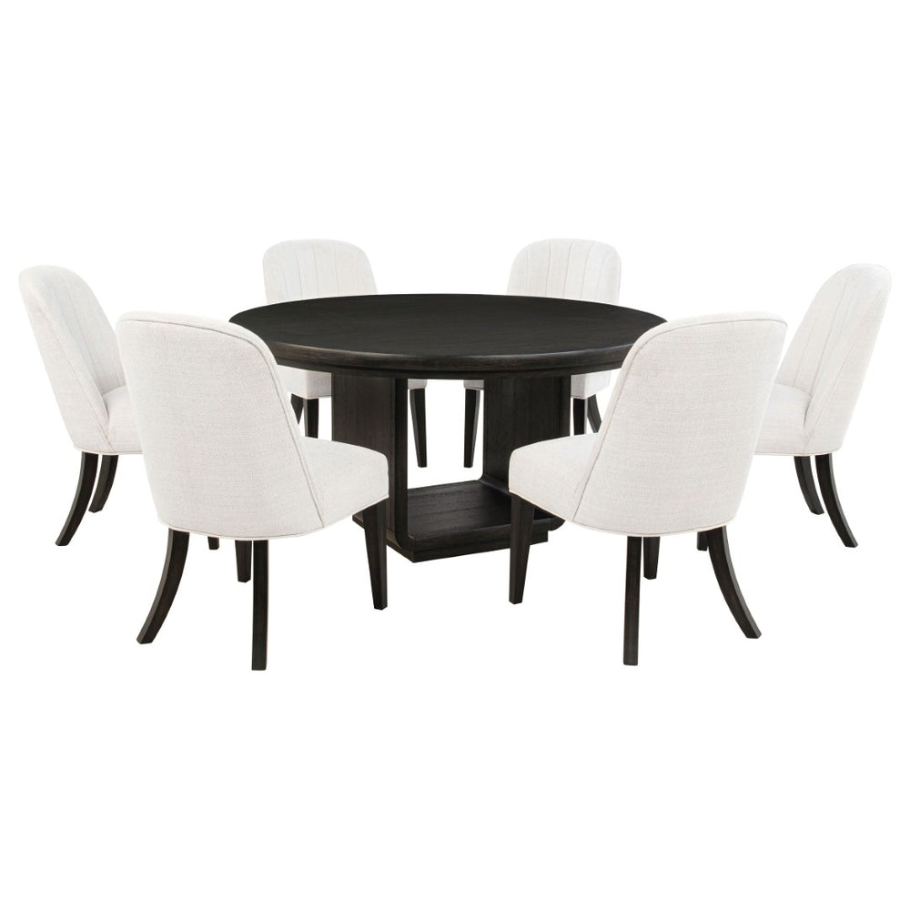English Elm Bangor Round Pedestal Dining Set Seats Six with Channel Upholstered Cream Chairs B062S02175