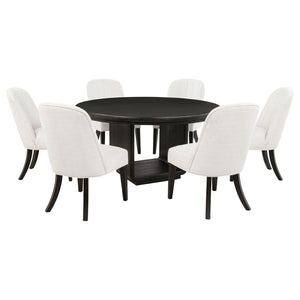 English Elm Bangor Round Pedestal Dining Set Seats Six with Channel Upholstered Cream Chairs B062S02175