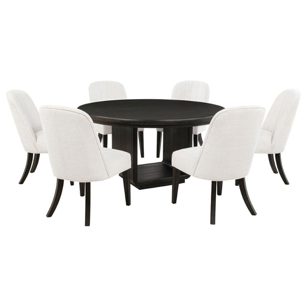 English Elm Bangor Round Pedestal Dining Set Seats Six with Channel Upholstered Cream Chairs B062S02175