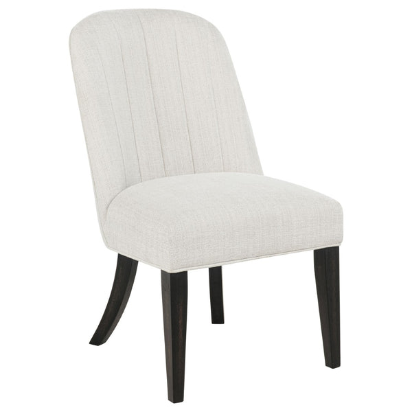 English Elm Bangor Round Pedestal Dining Set Seats Six with Channel Upholstered Cream Chairs B062S02175