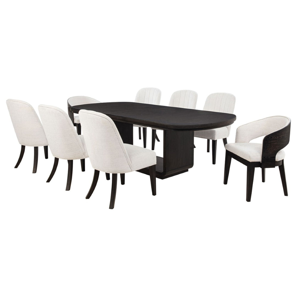 English Elm Bangor Nine Piece Rectangular Dining Set with Barrel Back Chairs in Cream Fabric B062S02177