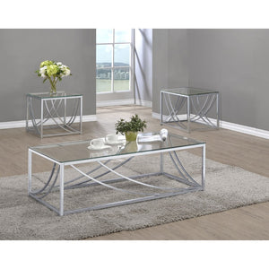 English Elm Kempton Tempered Glass and Polished Chrome Three Piece Living Room Table Set B062S02179