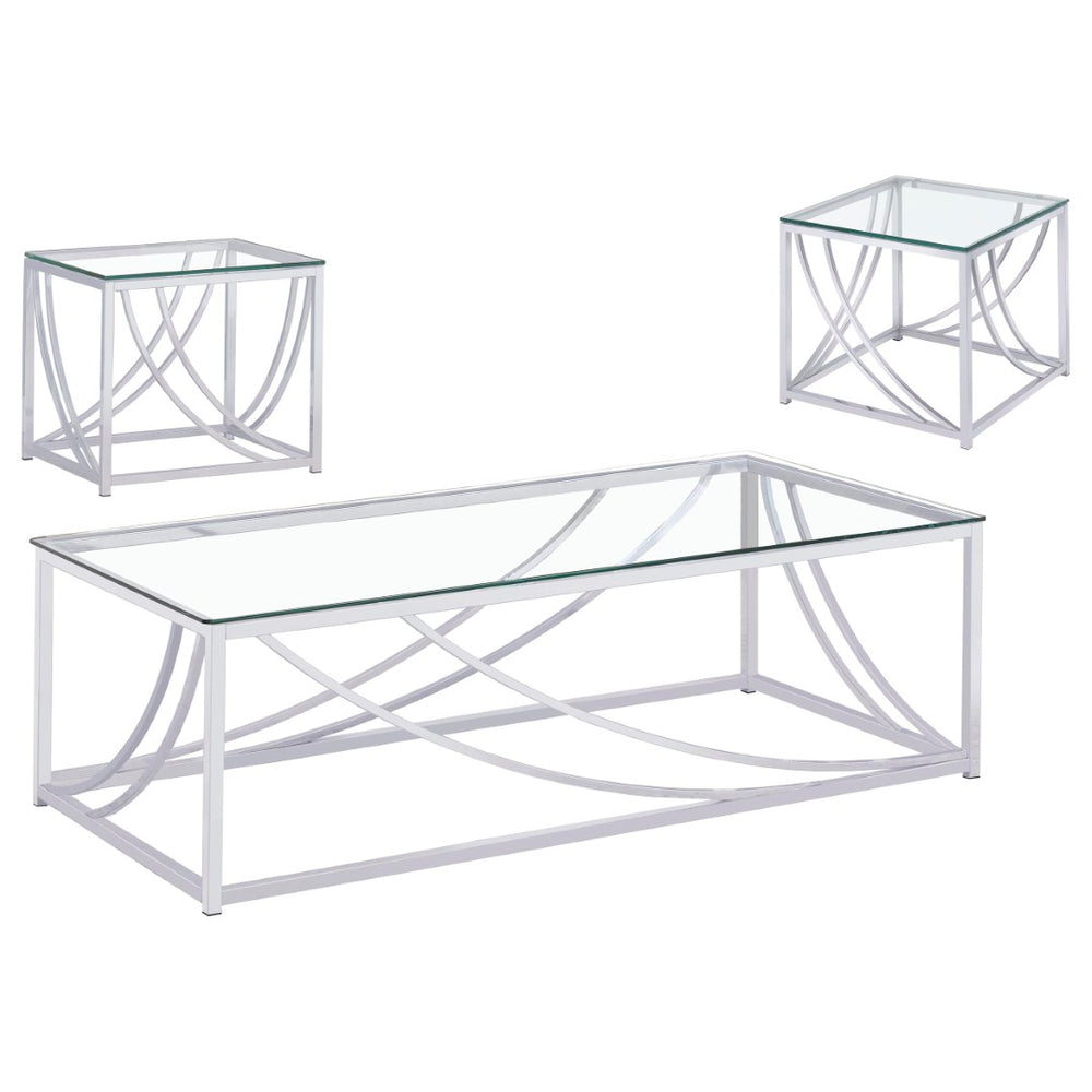 English Elm Kempton Tempered Glass and Polished Chrome Three Piece Living Room Table Set B062S02179