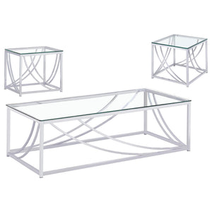 English Elm Kempton Tempered Glass and Polished Chrome Three Piece Living Room Table Set B062S02179