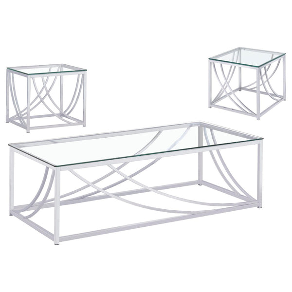 English Elm Kempton Tempered Glass and Polished Chrome Three Piece Living Room Table Set B062S02179