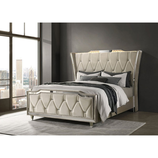 English Elm Mika Wingback Queen Bed with LED Crown Lighting and Button Tufted Geometric Upholstery B062S02181
