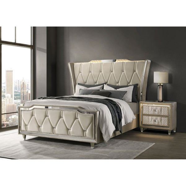 English Elm Mika Wingback Queen Bed with LED Crown Lighting and Button Tufted Geometric Upholstery B062S02181