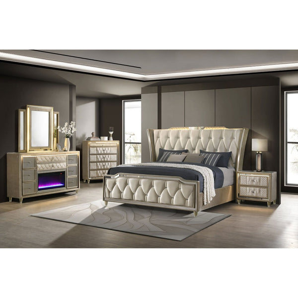 English Elm Mika Wingback Queen Bed with LED Crown Lighting and Button Tufted Geometric Upholstery B062S02181