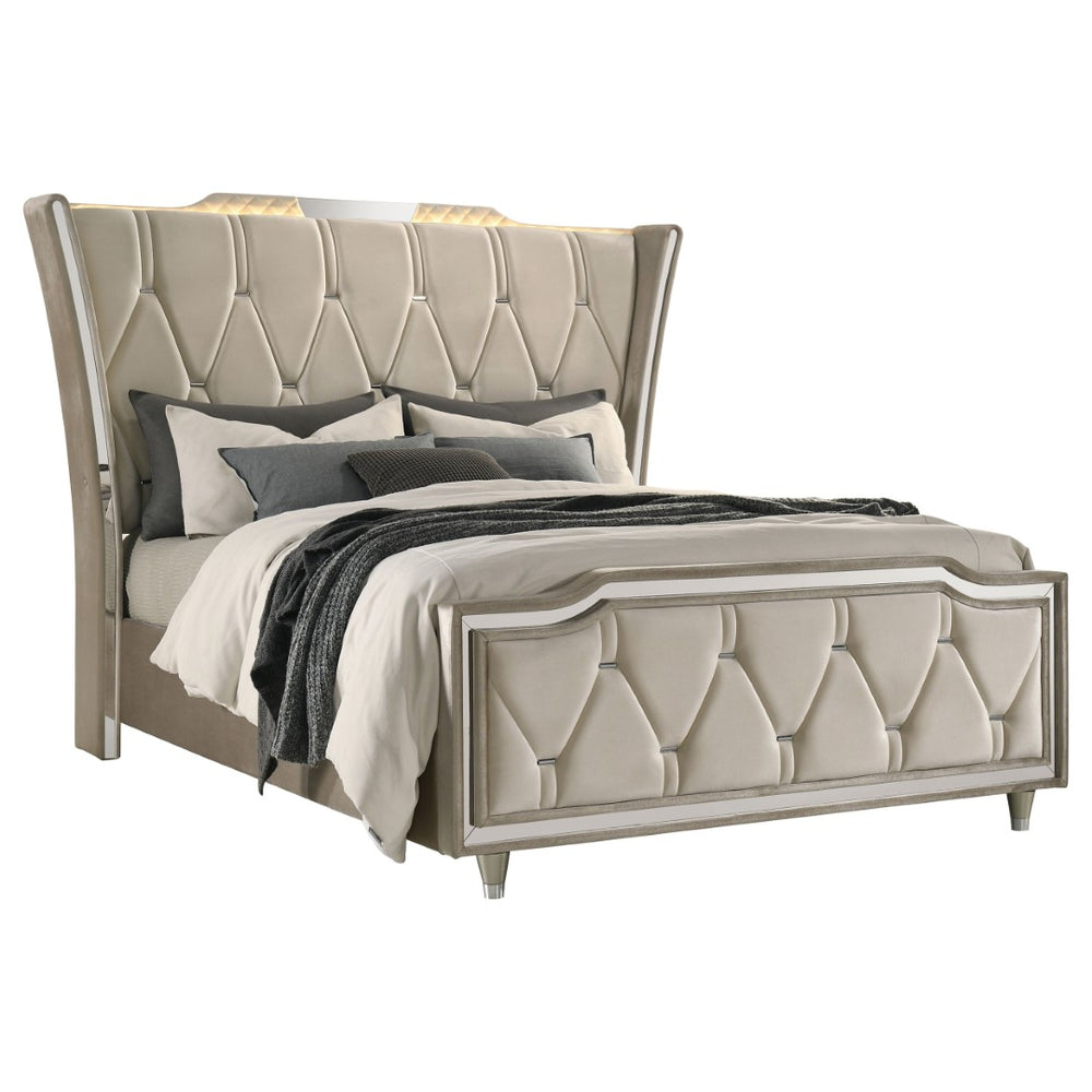English Elm Mika Wingback Queen Bed with LED Crown Lighting and Button Tufted Geometric Upholstery B062S02181