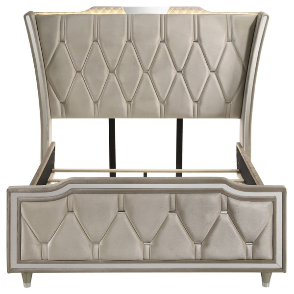 English Elm Mika Wingback Queen Bed with LED Crown Lighting and Button Tufted Geometric Upholstery B062S02181