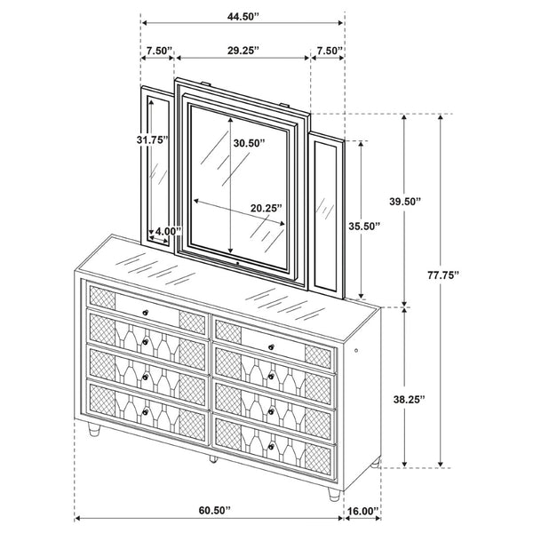 English Elm Mika Eight Drawer Velvet Dresser with LED Mirror Crystal Pulls Glam Bedroom B062S02183