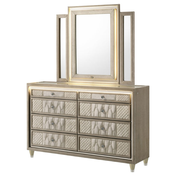 English Elm Mika Eight Drawer Velvet Dresser with LED Mirror Crystal Pulls Glam Bedroom B062S02183