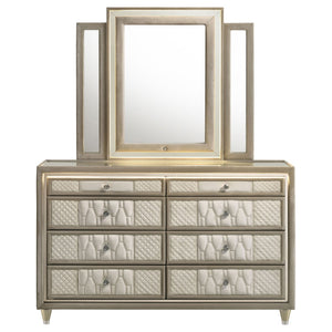 English Elm Mika Eight Drawer Velvet Dresser with LED Mirror Crystal Pulls Glam Bedroom B062S02183